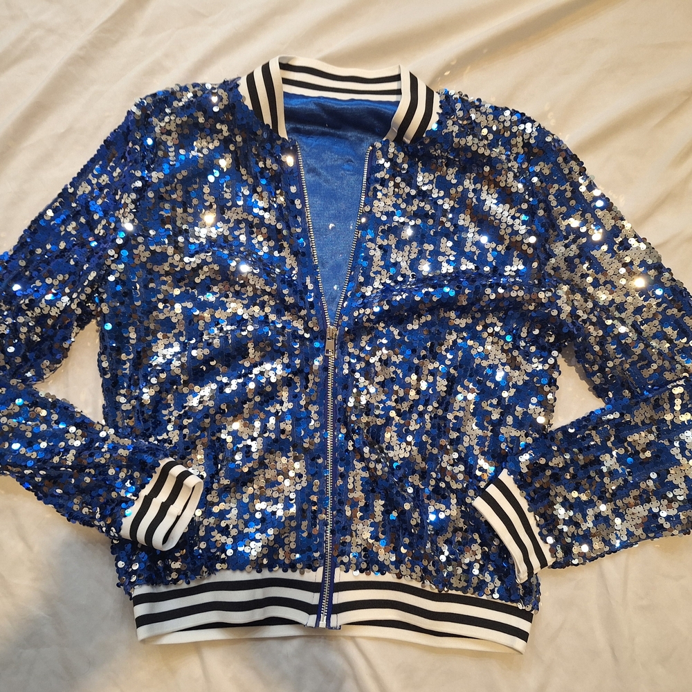 Sequin Bomber Jacket - Blue and Silver